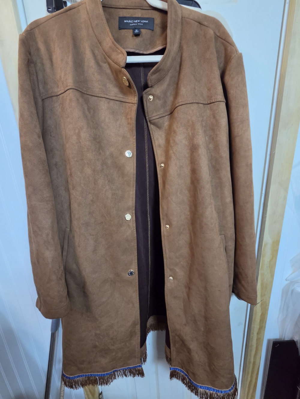 Marc New York Women's Tan Suede Fringe Hem Open Front Coat